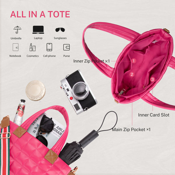 Puffer Tote Bag For Women With Zipper, Quilted Puffy Bag Lightweight Crossbody Hobo Padded Handbag With Strap-Rose