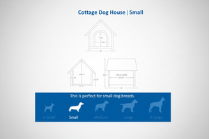 Measurement chart for a small cottage-style dog house with dimensions and size guide for small dog breeds.