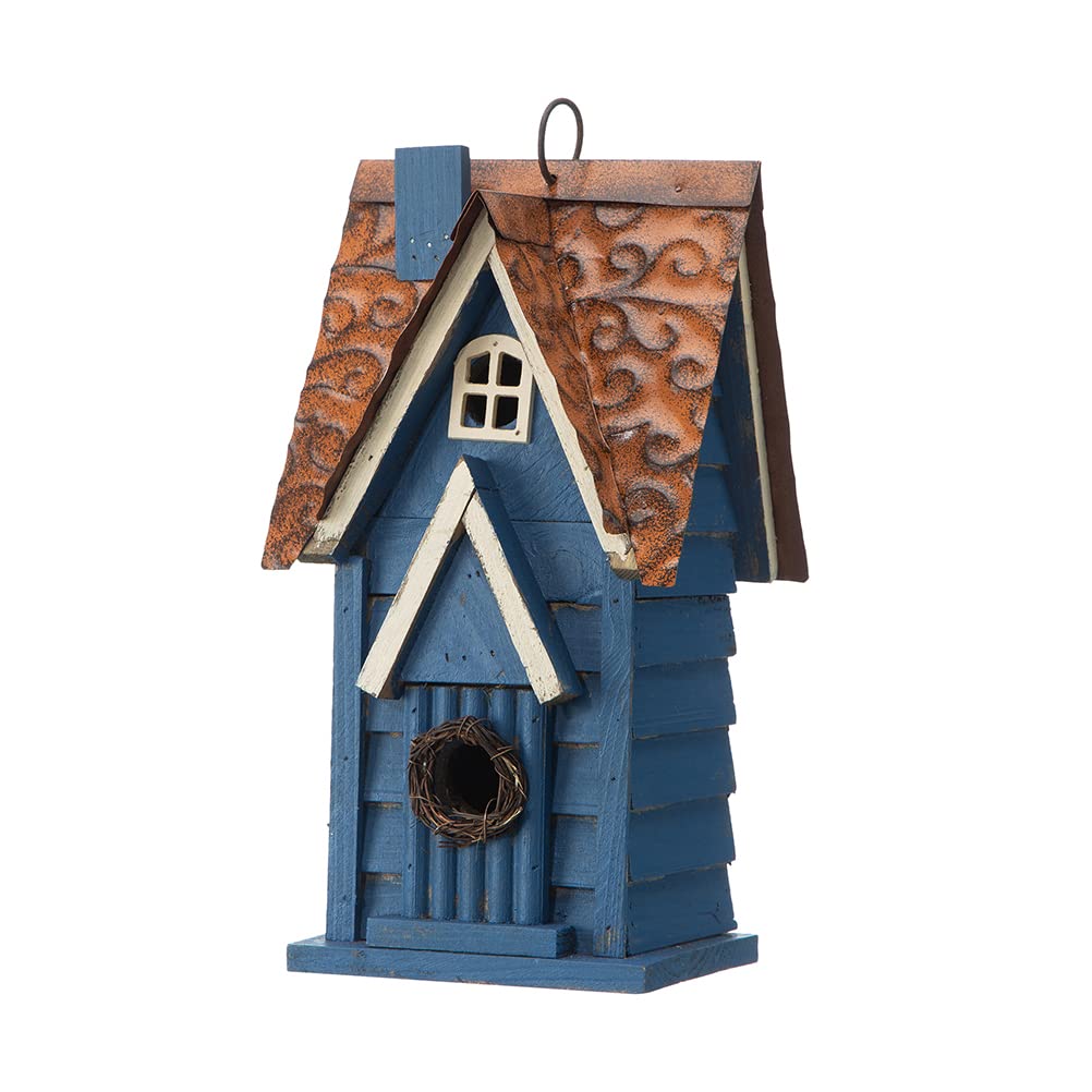 Glitzhome Bird Houses for Outside, 12" H Retro Blue Distressed Solid Wood Cottage Birdhouse Hanging Bird House for Outdoors, Bluebird House for Garden Patio Backyard
