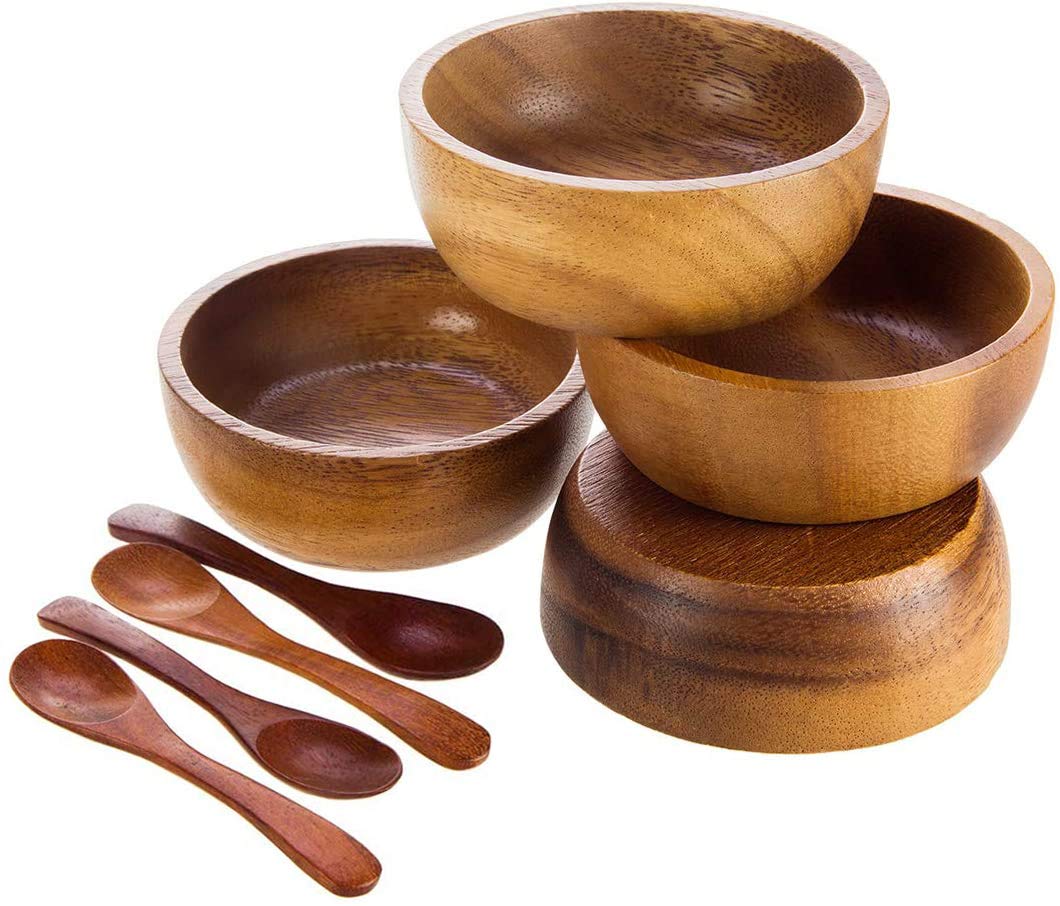 Set of 4 Small Round Acacia Wooden Bowls 2¾ Inch Diameter 1½" High With Spoons - Stackable Mixing Bowl Salad Soup Snack Dip Sauce Charcuterie Wood Tableware Sets for Decor and Serving