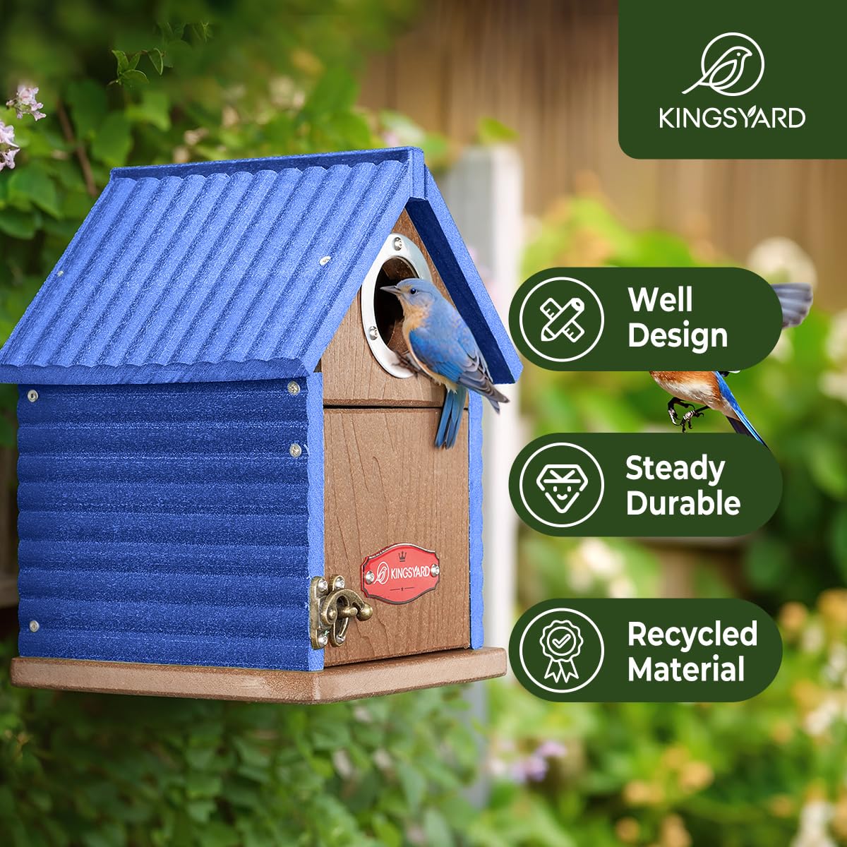 Kingsyard Recycled Plastic Bird House for Outdoors - Weatherproof Nesting Box with Clear View Panel & Predator Guard for Bluebird Wren Swallow Finch, Blue