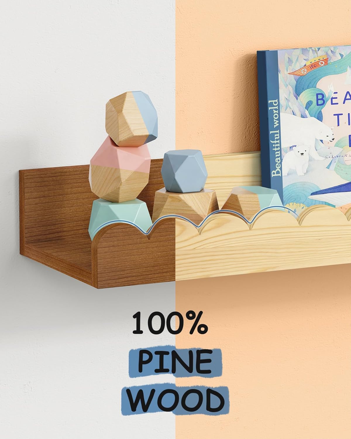 Walnut Nursery Book Shelves Wall Set of 4, Dark Wood Scalloped Floating Bookshelf for Wall, Cloud Wooden Hanging Shelving Unit for Kids Bedroom Baby Child Toddler Room Kitchen (Walnut Brown)