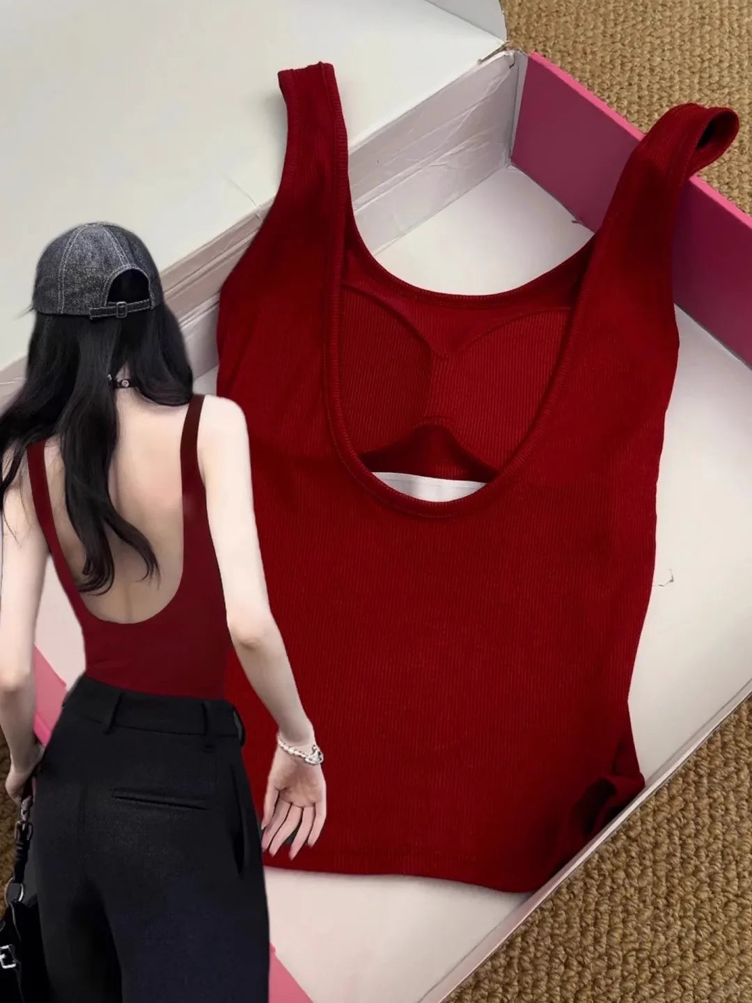 Sexy Backless Square Neck Camisole with Chest Cushion, Women's Hot Selling Outerwear Base, Slim Fit, Strapless Solid Color Top