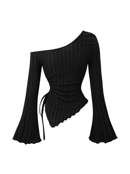 Women's Off-Shoulder Cross Long-Sleeved Slim Fit T-Shirt Asymmetrical Street Style Casual Elegant Top with Trumpet Sleeves