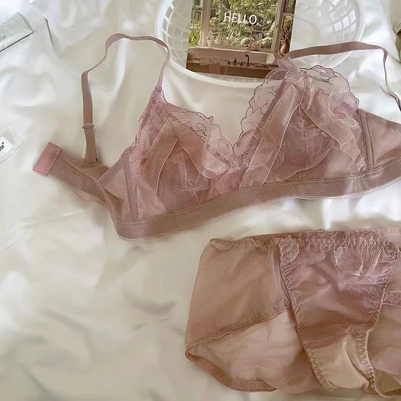 Sexy Lingerie Set Women's French Super Fairy Lace Mesh Thin Cup Rabbit Ear Cup Anti Bump Anti Sag Underwired Bra