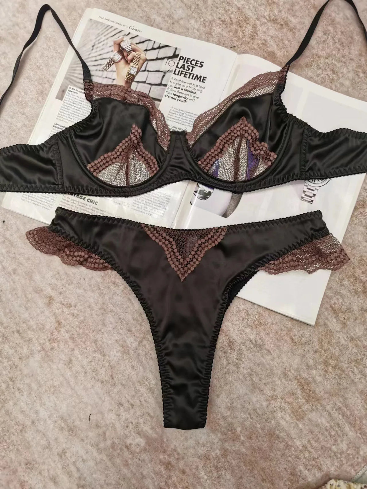 Women's Satin Lace Support Bra Set
