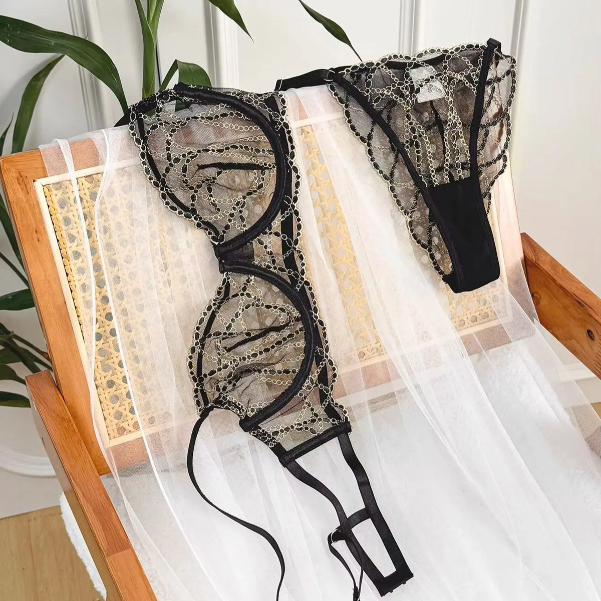 Women's Black Lace Gold-Chain Bra & G-String Set