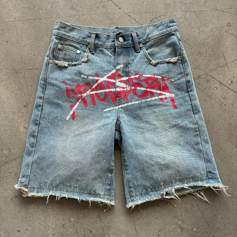 Y2K Graffiti Rhinestone Baggy Jorts