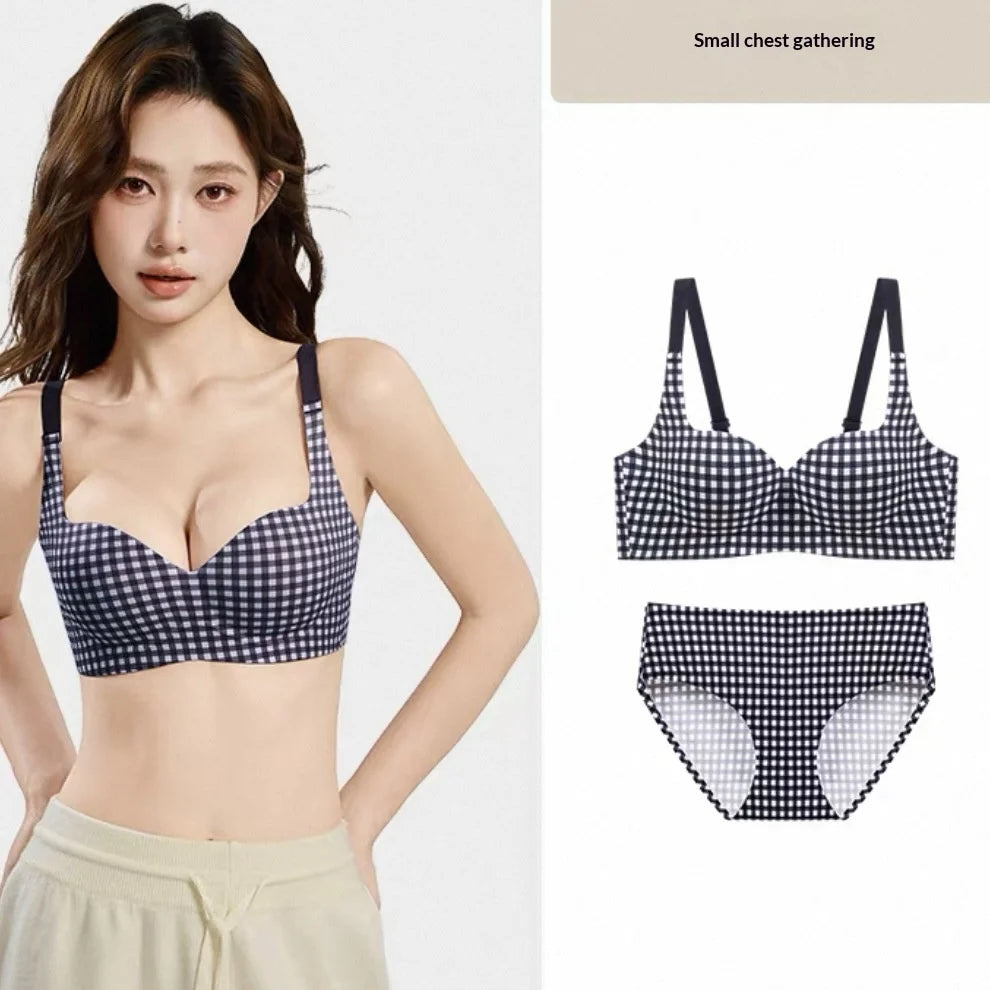Seamless One-Piece Plaid Bra Set, Gathers Small Breasts, Makes Them Look Bigger, Lifts, Comfortable Wireless Underwear Set
