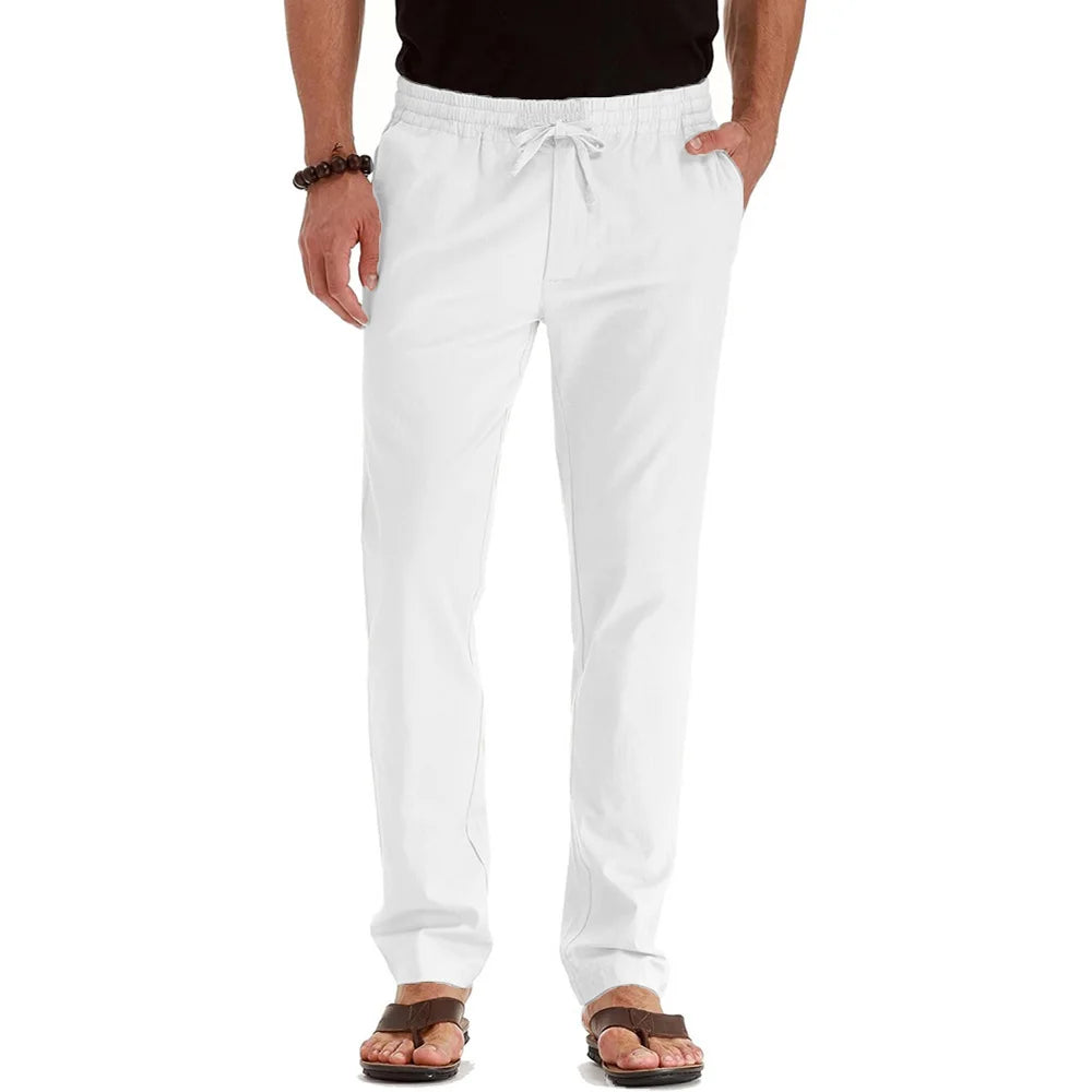 Men's Spring Summer New Cotton Linen Long Pants Vacation Hawaii Casual Trouser Straight Leg Lightweight Sweatpants