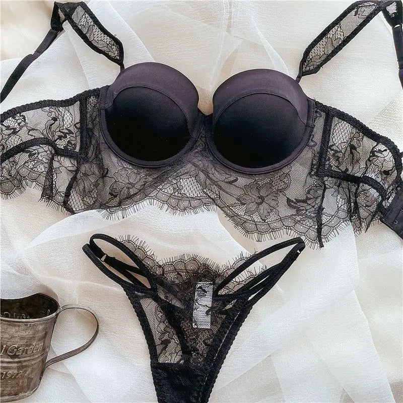 Sexy Lace Underwear Female Poly Poly Thin Soft Steel Ring up Support Anti-Sagging Collect Vice Breasts Solid Color Back Bra Set