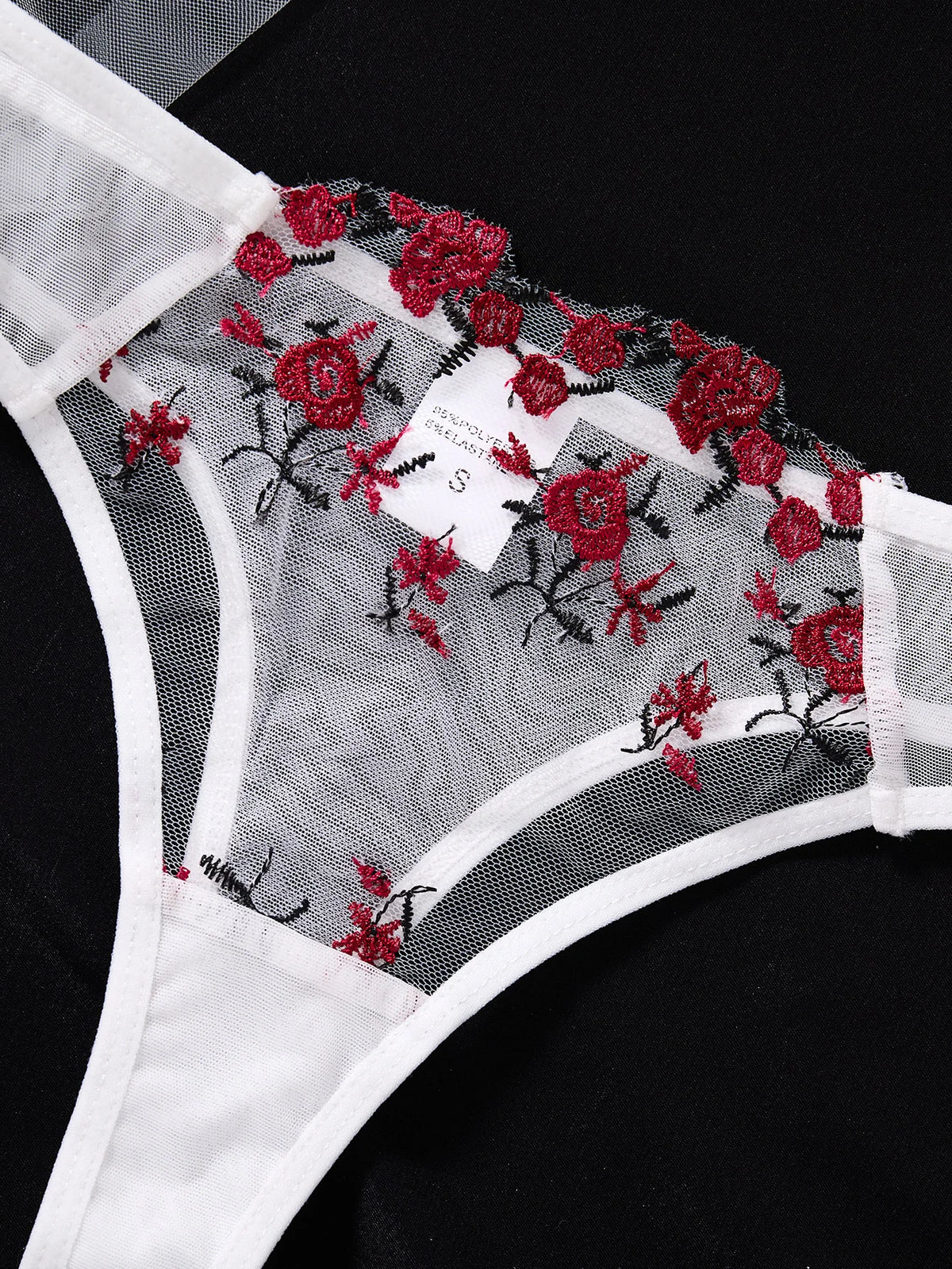 White & Red Rose Embroidered Bra & Thong Set