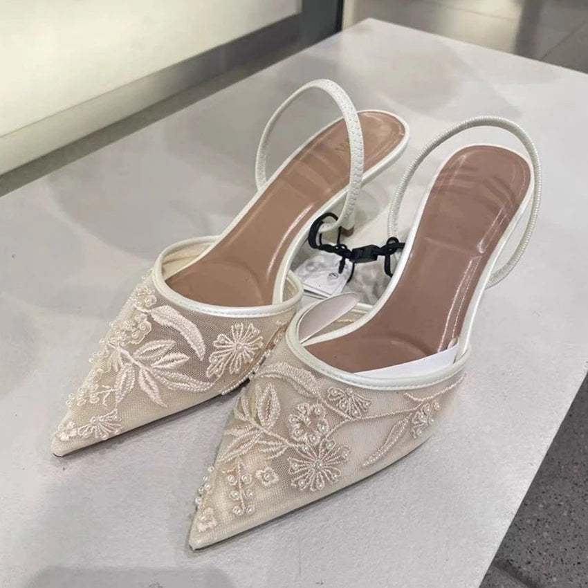 White Floral Embroidered Slingback Pumps