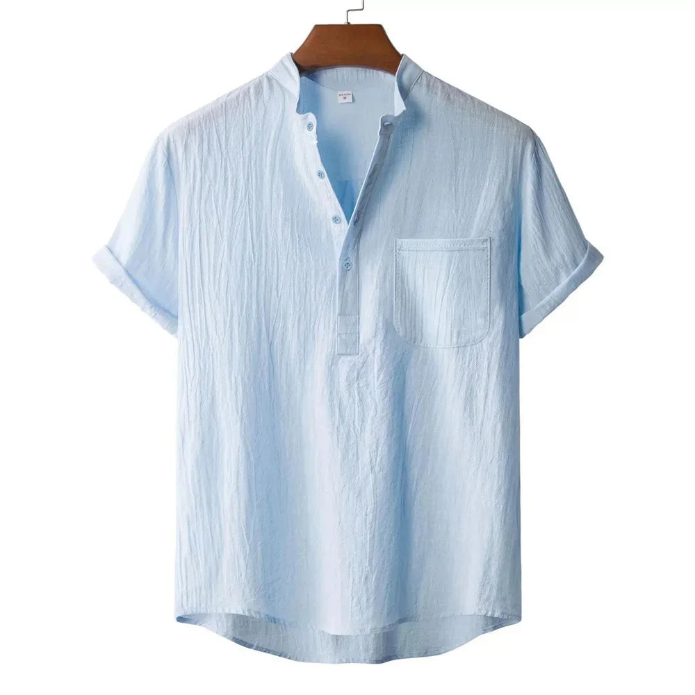 Men's Summer Cotton Linen T-shirt Beach Style Short SLeeve Henley Neck Vacation Hawaii Casual Lightweight Breathable Cozy Tops
