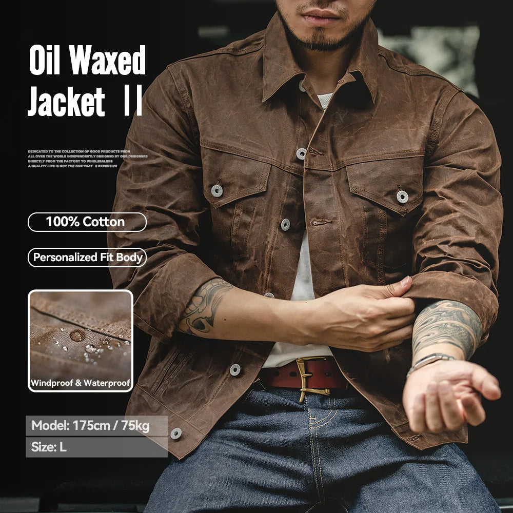 Maden Retro Heavyweight Canvas Oil Waxed Jacket Cotton Waterproof Hunting Coat Male Spring Khaki Casual Work Safari Style Jacket