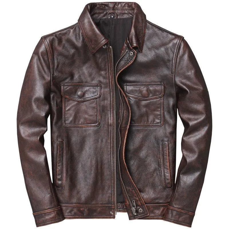 KIDWHXR Autumn Men Leather Jacket Motorcycle Retro Stand Collar Zipper Male Coat Slim Long Sleeve Windproof Man Casual Outerwear