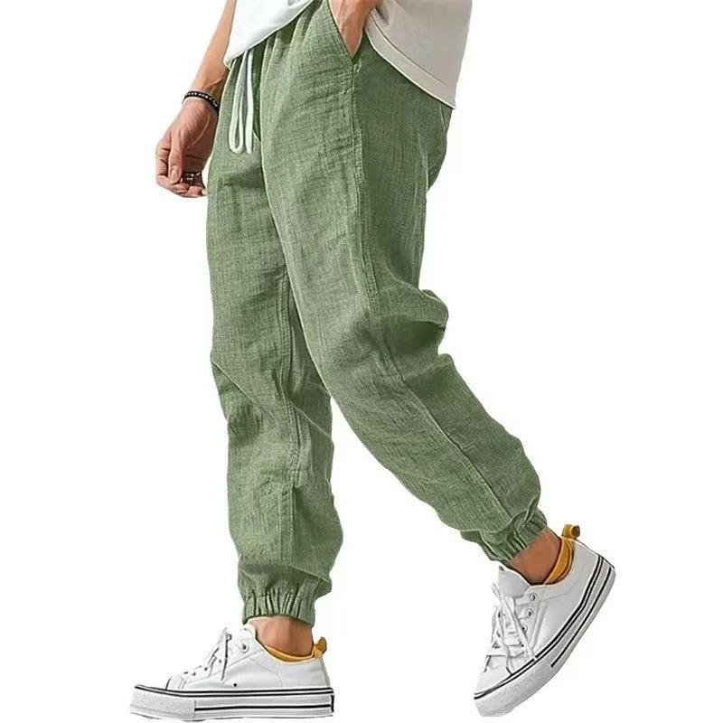 Men's Casual Pants Daily Wear Solid Summer Full Length Soft Linen Pants Mid Waist Pocket Drawstring Trousers Streetwear Bottoms