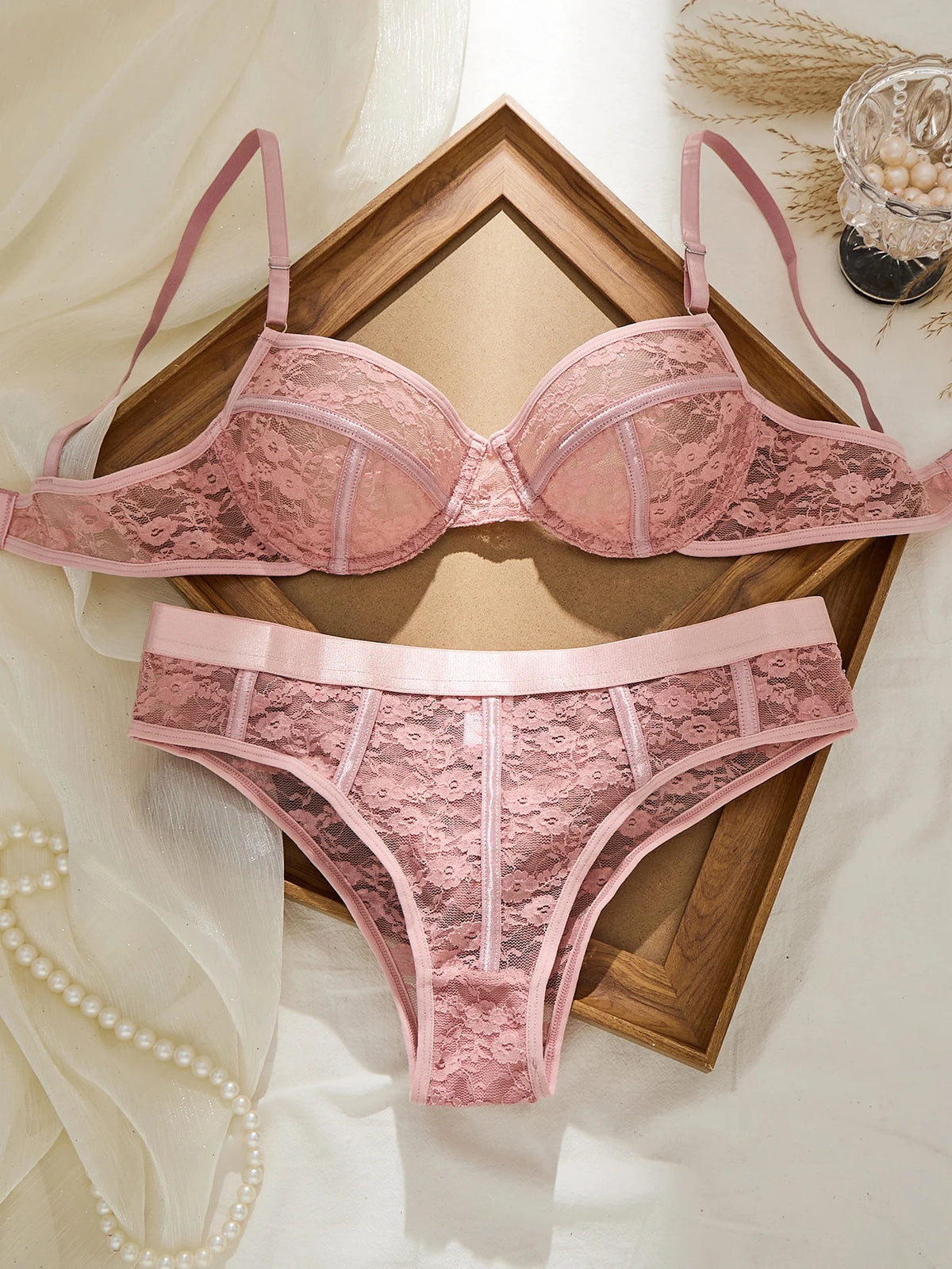 Women's Pink Lace Mesh Bra & Panty Set