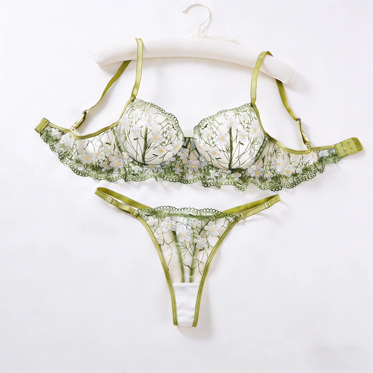 Sage Green Embroidered Lace Bra & Thong Set