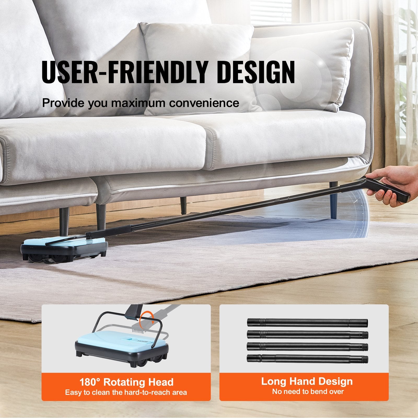 Carpet Sweeper Manual, Floor Sweeper With 300 Ml Dustbin Capacity Easy To Empty, 6.7 Inch Cleaning Width For Home Office Carpets Pet Hair Dust, Blue