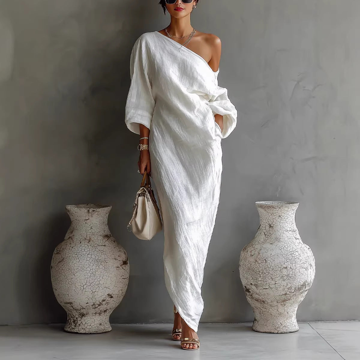 Irregular Off-shoulder Long Dress Fashion Elegant Long-sleeved Dresses Women's Beach Vacation Clothing