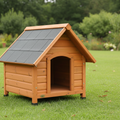 Wooden dog house with a gray roof on a white background