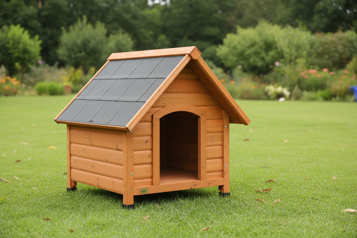 Wooden dog house with a gray roof on a white background