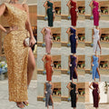 Elegant Sequined Shoulder Split Solid Color Dress Slim Club Party Dress Casual Asymmetric Sleeveless Long Dress