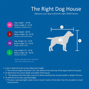 TRIXIE dog house size chart on a blue background
