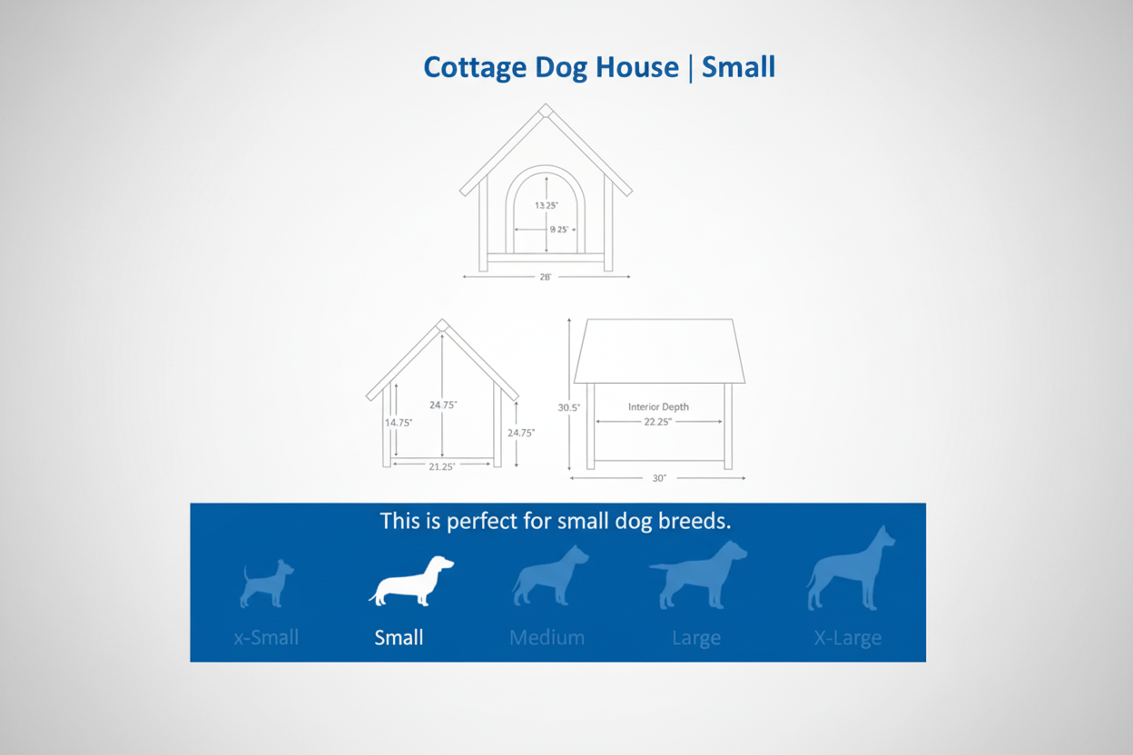 Measurement chart for a small cottage-style dog house with dimensions and size guide for small dog breeds.