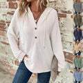 Waffle Hooded Sweater Sweatshirt Fashion Casual Long-sleeved Drawstring V-neck Buttons Top Women's Clothing