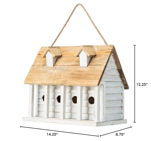Glitzhome 14.25”L Wood Hanging Birdhouse for Outdoors Oversized Distressed Cottage Painted Bird House Rustic Bird House for Bluebird Wren Chickadee Sparrow Bird Nest Box for Garden Patio, Washed White