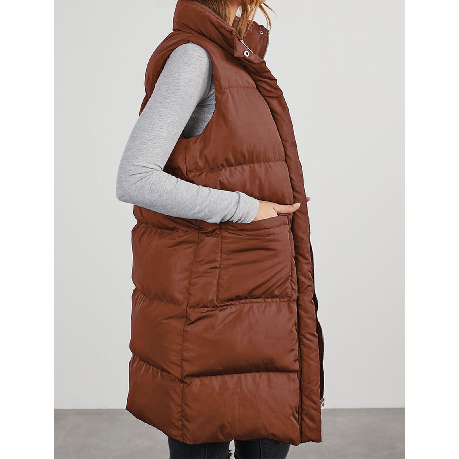 Polyester Hooded Single-breasted Mid-length Cotton Clothing Vest - TRYSHOPPY