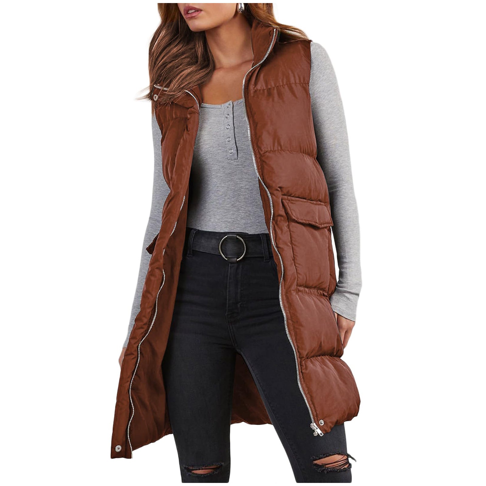 Polyester Hooded Single-breasted Mid-length Cotton Clothing Vest - TRYSHOPPY