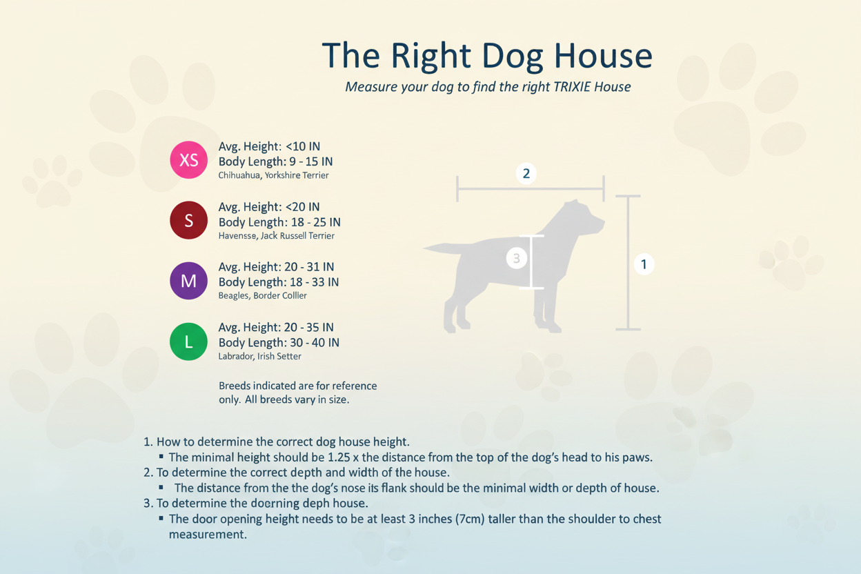 Measurement chart for choosing the right dog house size with a blue background