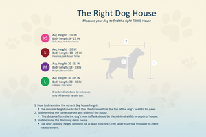 Measurement chart for choosing the right dog house size with a blue background