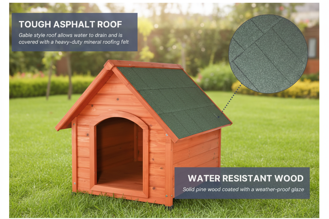 Wooden dog house with green roof and text highlighting features