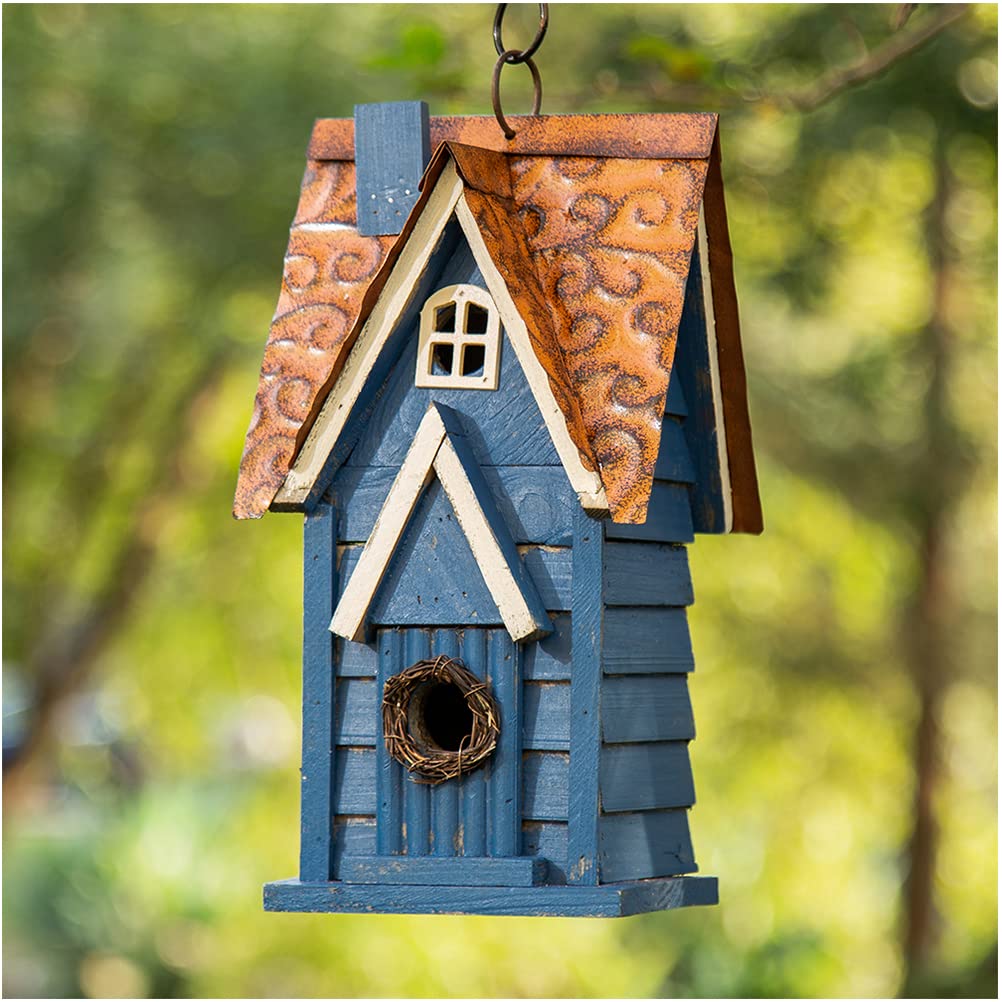 Glitzhome Bird Houses for Outside, 12" H Retro Blue Distressed Solid Wood Cottage Birdhouse Hanging Bird House for Outdoors, Bluebird House for Garden Patio Backyard
