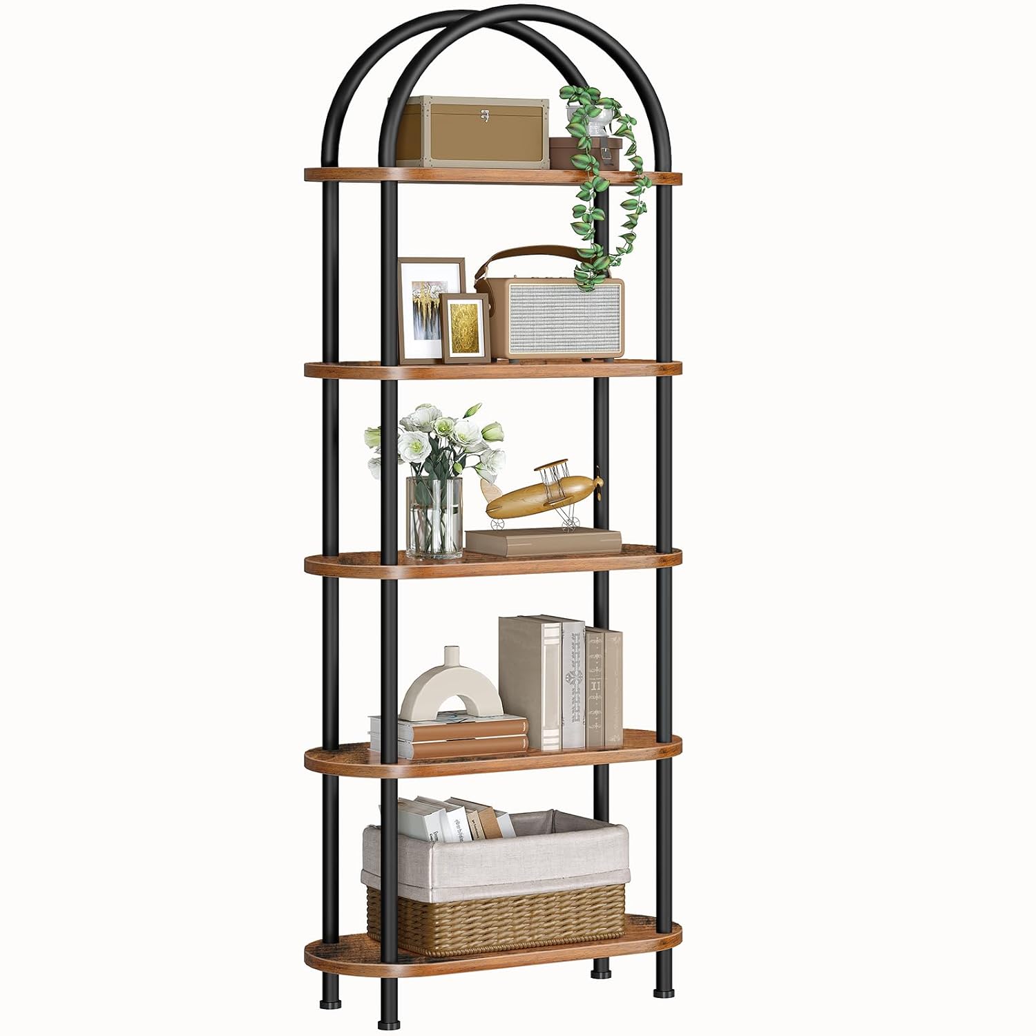 HOOBRO 5 Tier Open Bookshelf, Industrial Arched Bookcase Display Shelf Rack, Wooden Bookcase Storage Shelf Metal Frame, Tall Storage Organizer for Home, Easy Assembly, Rustic Brown BF176SJ01