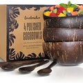 Coconut Bowl Set with Wooden Spoons – White Elephant Gifts For Adults, Christmas Gifts. Eco-Friendly Acai Bowls, Yogurt Bowls & Smoothie Bowl – Ideal for Ninja Creami (4, Polished)