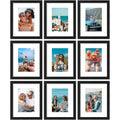 Vittanly 8x10 Picture Frames Set of 9, Shatter Resistant Plexiglass, Display 5x7 Pictures with Mat or 8x10 without Mat, Photo Frames for Wall or Tabletop, Engineered Wood, Black
