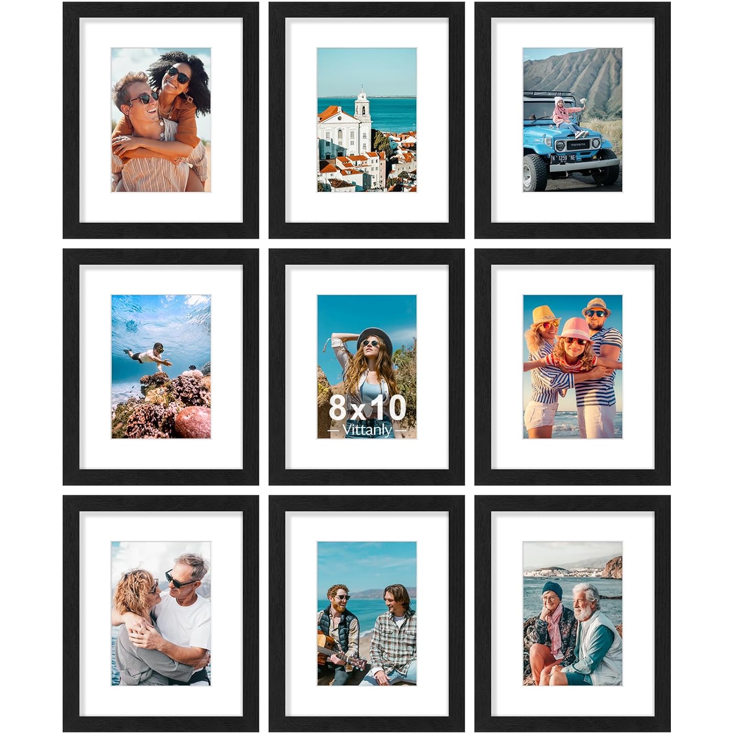 Vittanly 8x10 Picture Frames Set of 9, Shatter Resistant Plexiglass, Display 5x7 Pictures with Mat or 8x10 without Mat, Photo Frames for Wall or Tabletop, Engineered Wood, Black