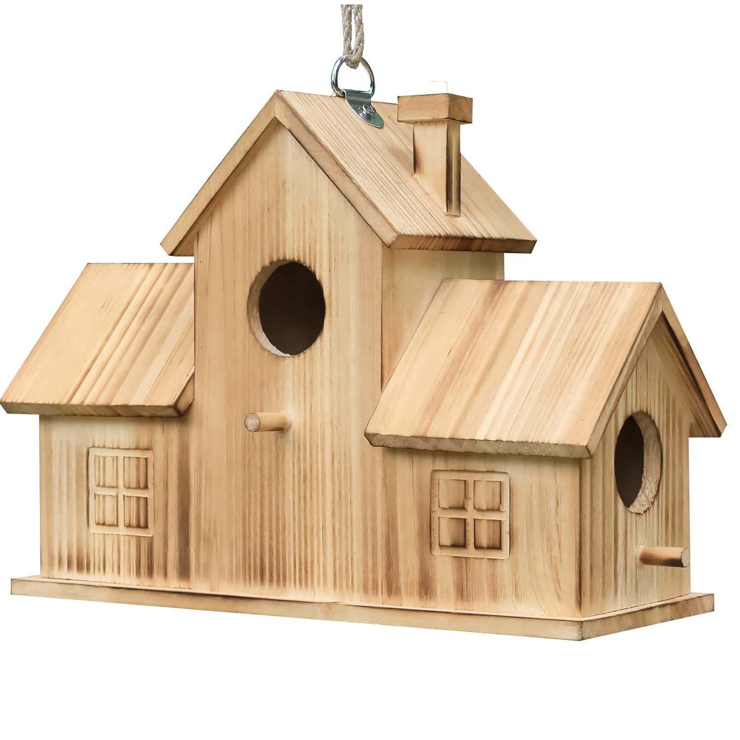 STARSWR Bird Houses for Outside,Outdoor 3 Hole Bird House Room for 3 Bird Families Bluebird Finch Cardinals Wooden Hanging Birdhouse for Garden