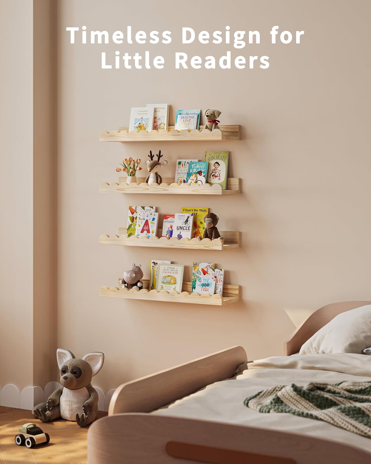 Floating Wall Bookshelves for Kids Room - 4 Pack Wood Shelves