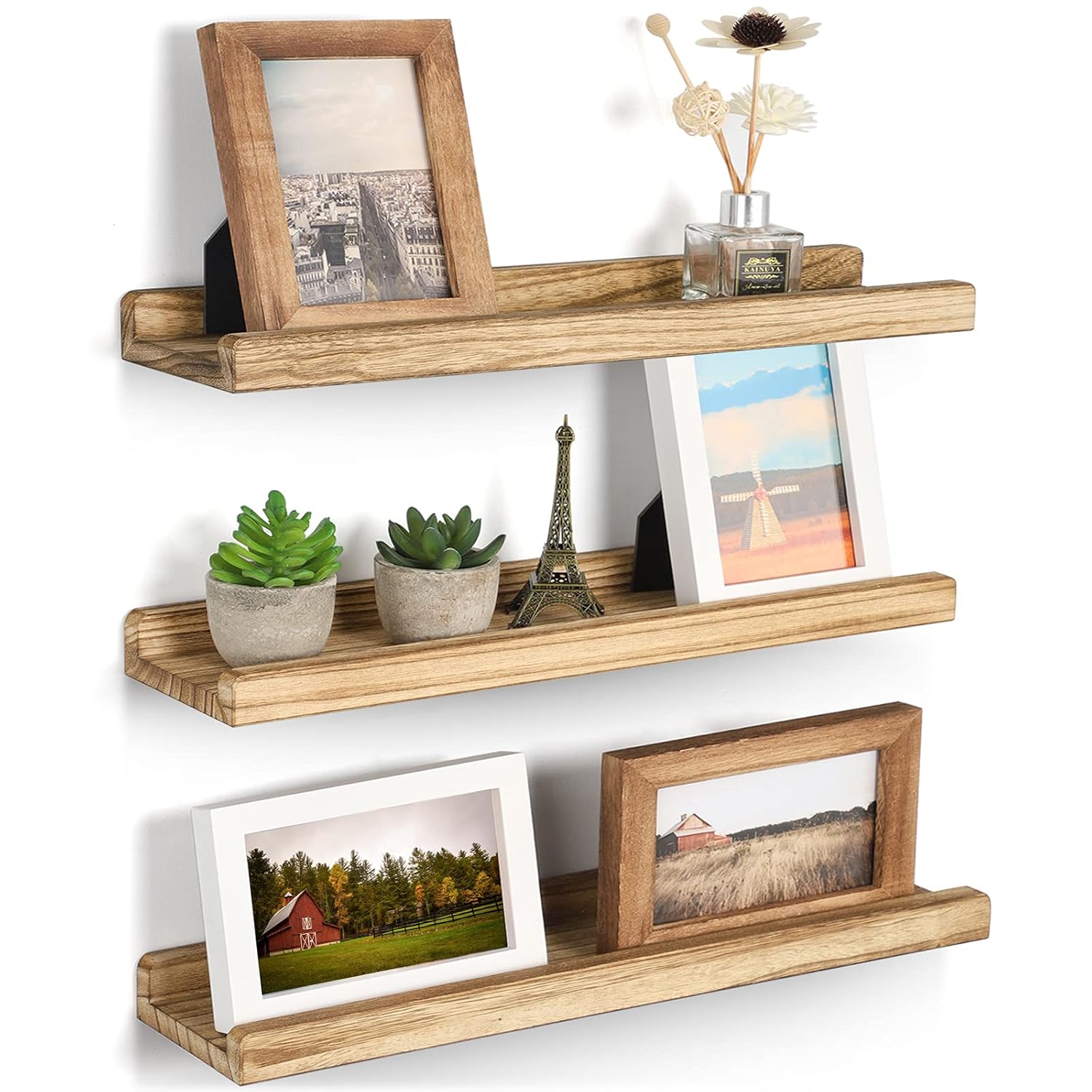 Emfogo Floating Shelves for Wall, 16.9 inch Wood Wall Shelves with Ledge, Floating Shelf Picture Ledge Set of 3 for Living Room Bedroom Kitchen Display and Storage(Rustic Brown)
