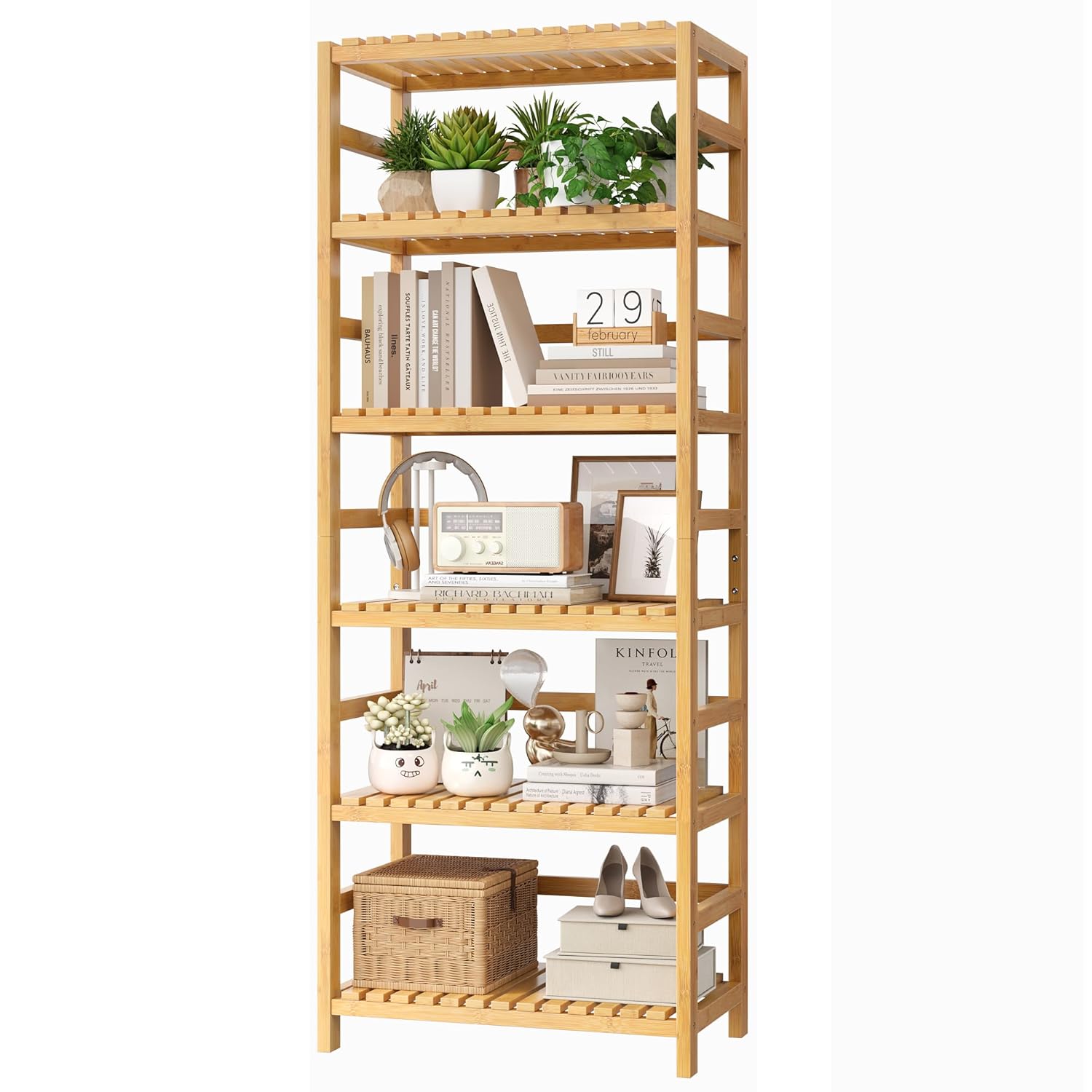 FOTOSOK 6-Tier Bamboo Shelf, Bamboo Bookcase with Adjustable Shelves, Free Standing Storage Shelf Unit, Plant Flower Stand for Kitchen, Bathroom, Home Office, Natural