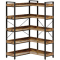 Rolanstar Bookshelf 5 Tier with 4 Hooks, Reversible Corner Bookshelf, 65" Industrial Wooden Bookcase with Open Shelves and Metal Frame for Living Room, Bedroom, Home Office, Rustic Brown
