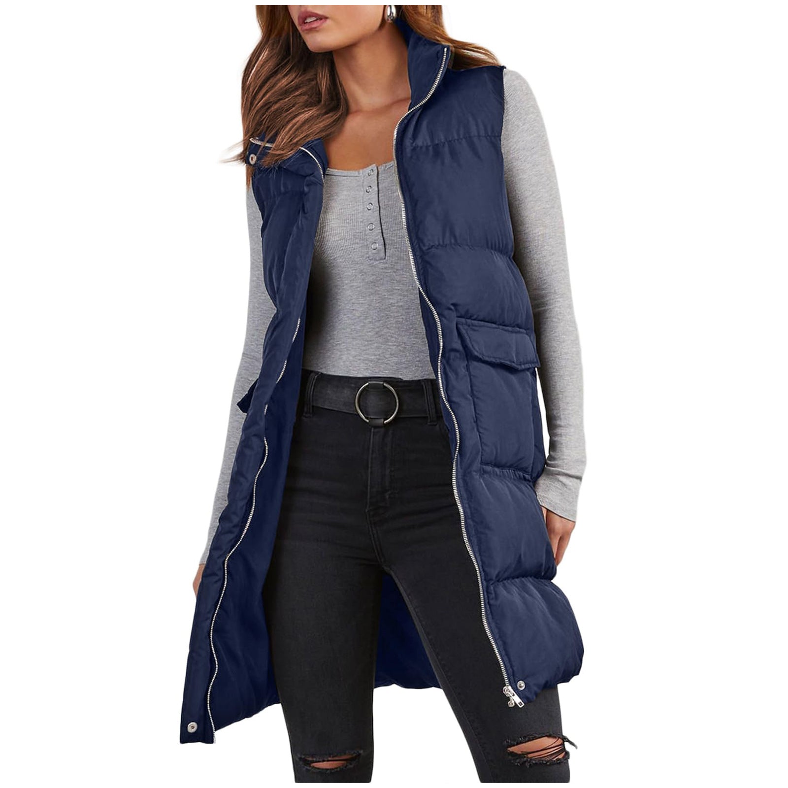 Polyester Hooded Single-breasted Mid-length Cotton Clothing Vest - TRYSHOPPY