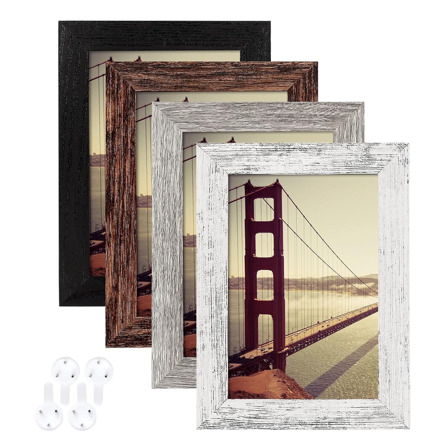 BAIJIALI 4x6 Picture Frame Distressed Farmhouse Wood Pattern Set of 4,Display 3.5x5 with Mat or 4x6 Without Mat,Multicolour