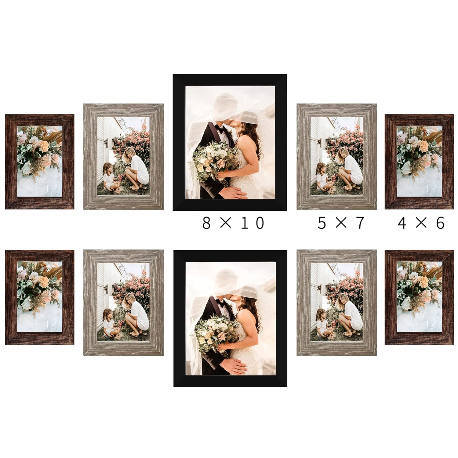 LUCKYLIFE Picture Frames Collage Wall Decor 10-Pack, Gallery Wall Frame Set with 8x10 5x7 4x6 Frames in 3 Different Finishes